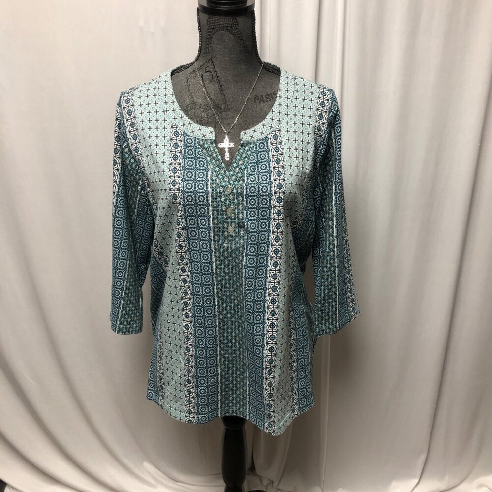 Ambria Top Womens Size 12 Blue White Geometric Print Cotton Blend Shirt Comfy